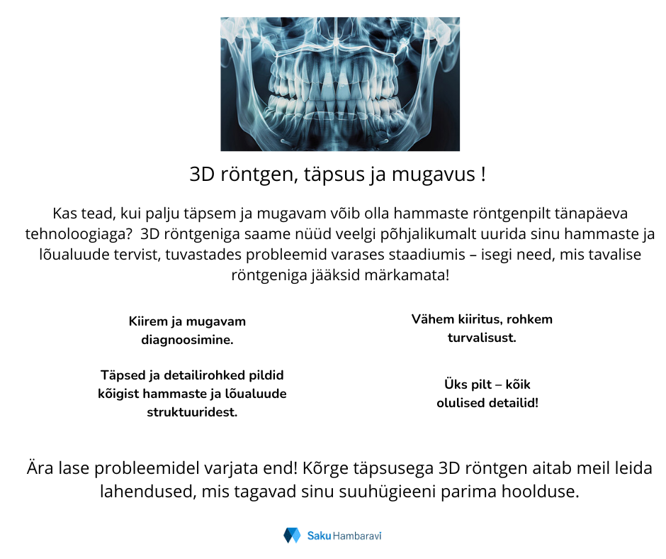 Mis on 3D röntgen hammastest? 3D röntgen ehk kolmemõõtmeline digitaalne röntgendiagnoosimine on täiustatud tehnoloogia, mis pakub hambaravis täiesti uut taset t