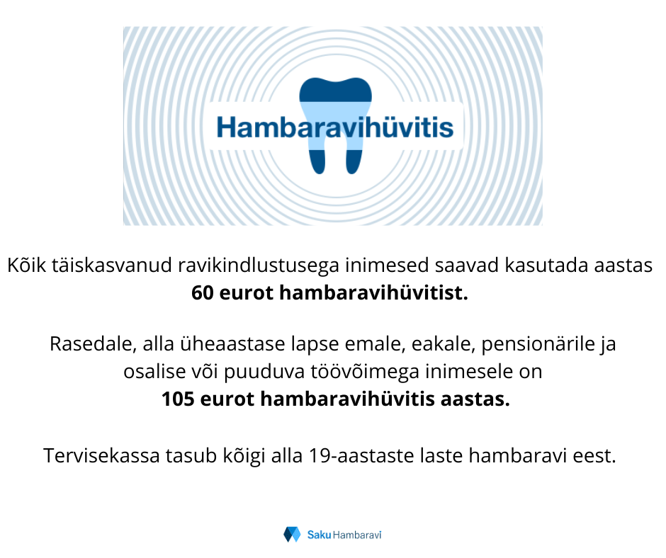 Saku Hambaravi on on Tervisekassa lepingupartner ja meil saab kasutada hambaravihüvitist. Hoolitsege oma suutervise eest ja käige igal aastal kontrollis, nii on